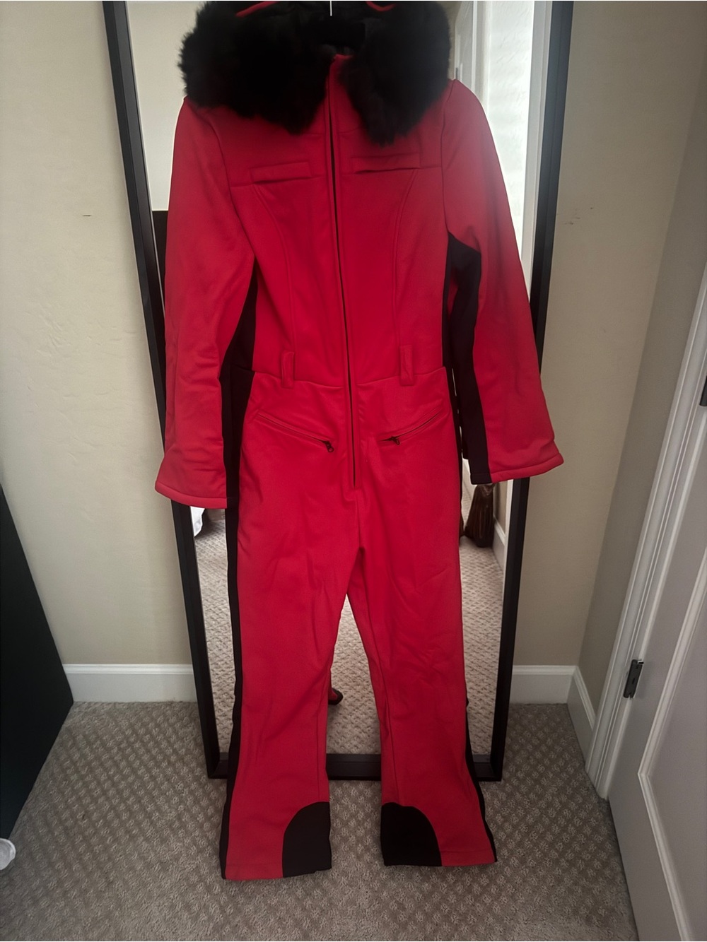 Sexy winter Red Women's Ski One-Piece  with Faux Fur Collar.